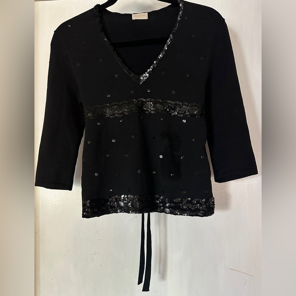 VALENTINO Black Sequin V-Neck Cardigan
